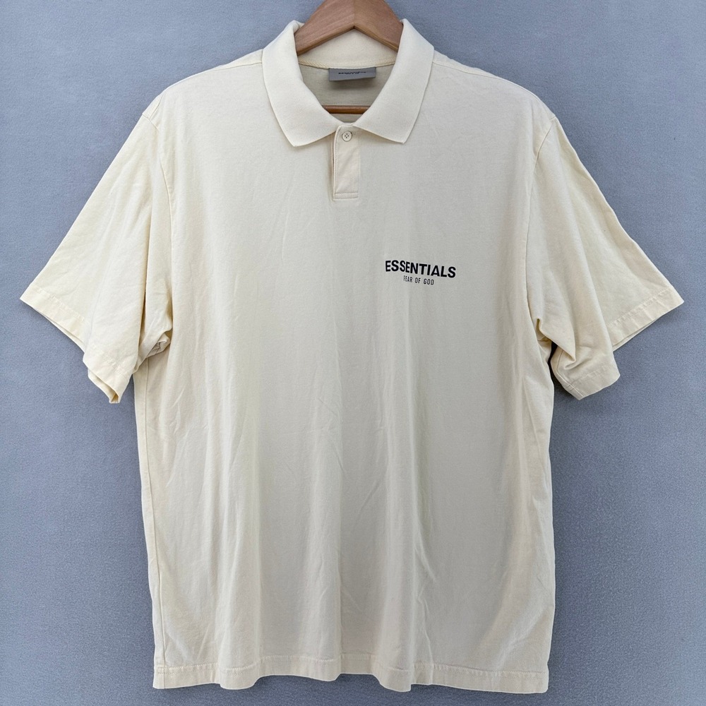 Fear of God Essentials Logo Polo Shirt Cream Buttercream Short Sleeve SZ L Baggy